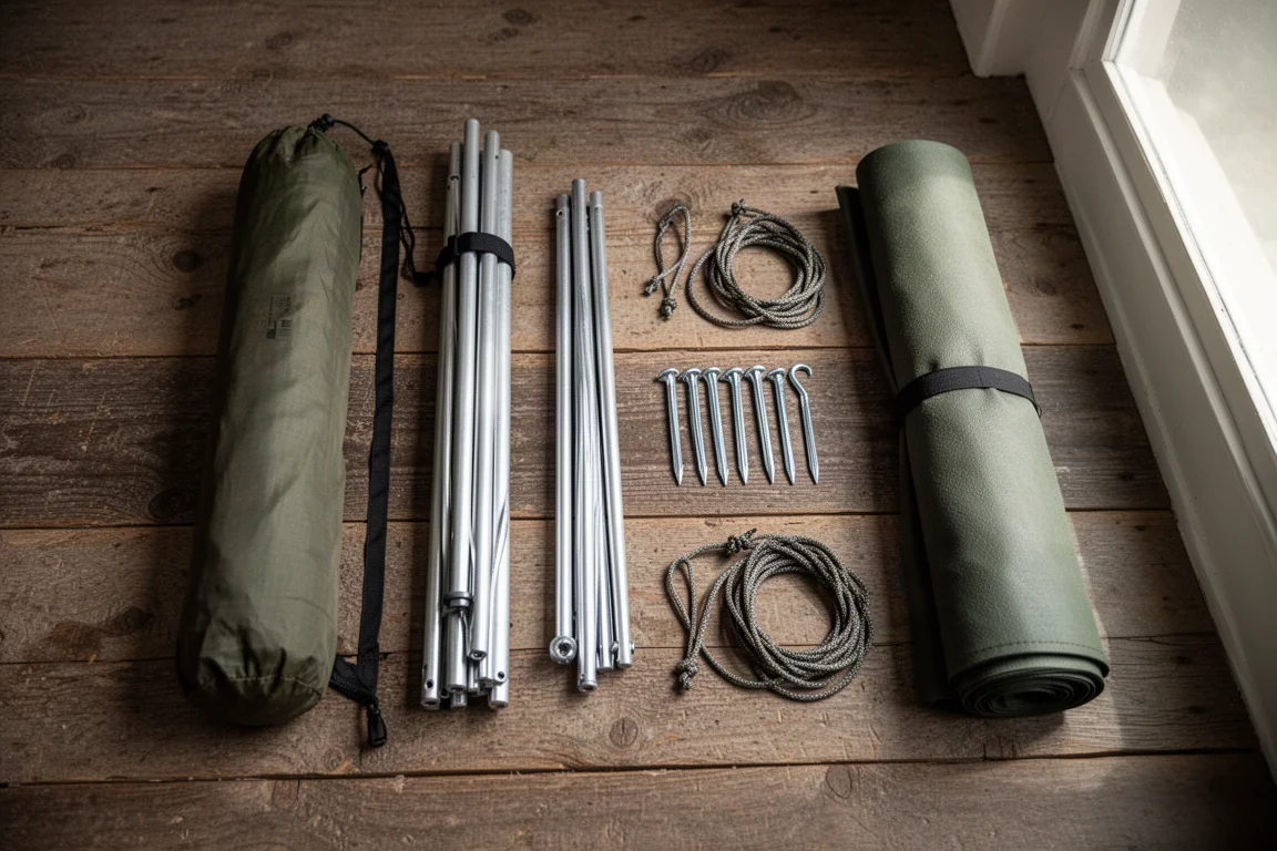 Pluie ruisselant sur la double-toiture d'une tente de camping la nuit, avec une lumière chaude à l'intérieur