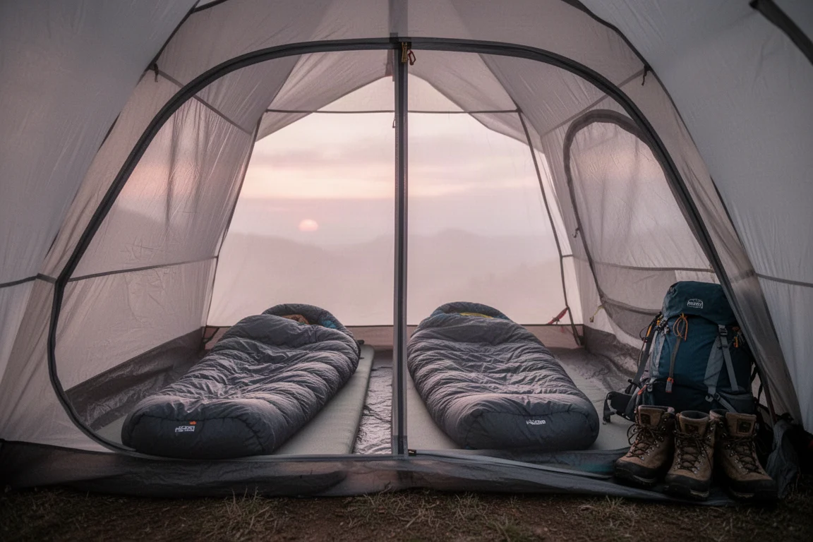 Vue à plat en plongée du matériel de camping disposé sur une surface en béton mat