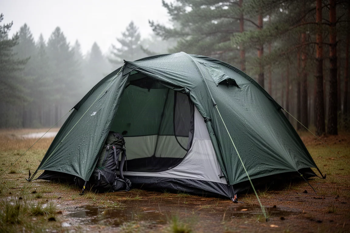 Two-person backpacking tent with full-coverage rainfly pitched on a matte concrete surface