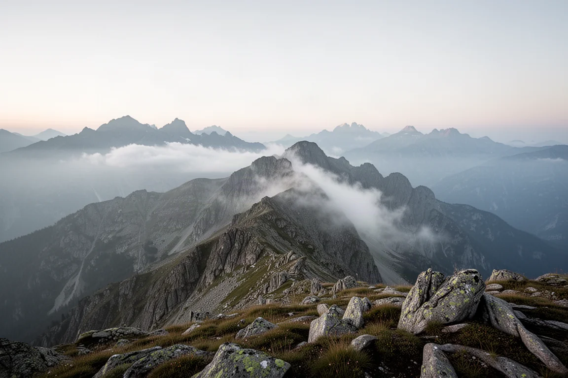 破曉時分的高山稜線,層疊山脈與低空雲層相伴