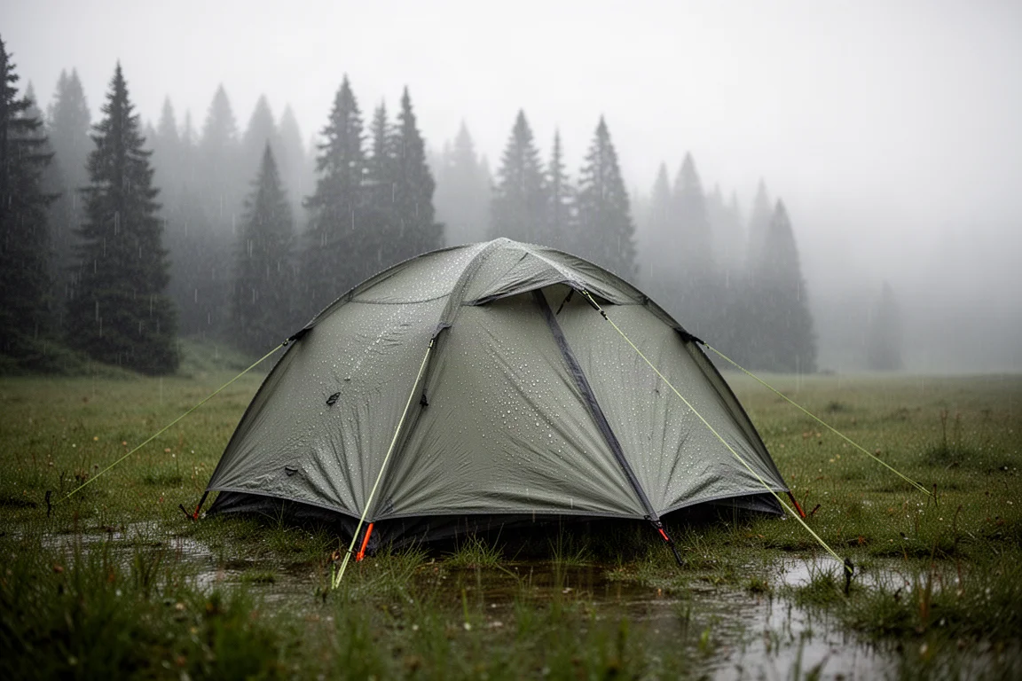 高山草原上淋著雨的登山帳篷,外帳上凝結著水珠