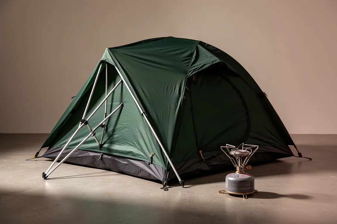 Lightweight backpacking tent and compact folding stove arranged on a concrete surface