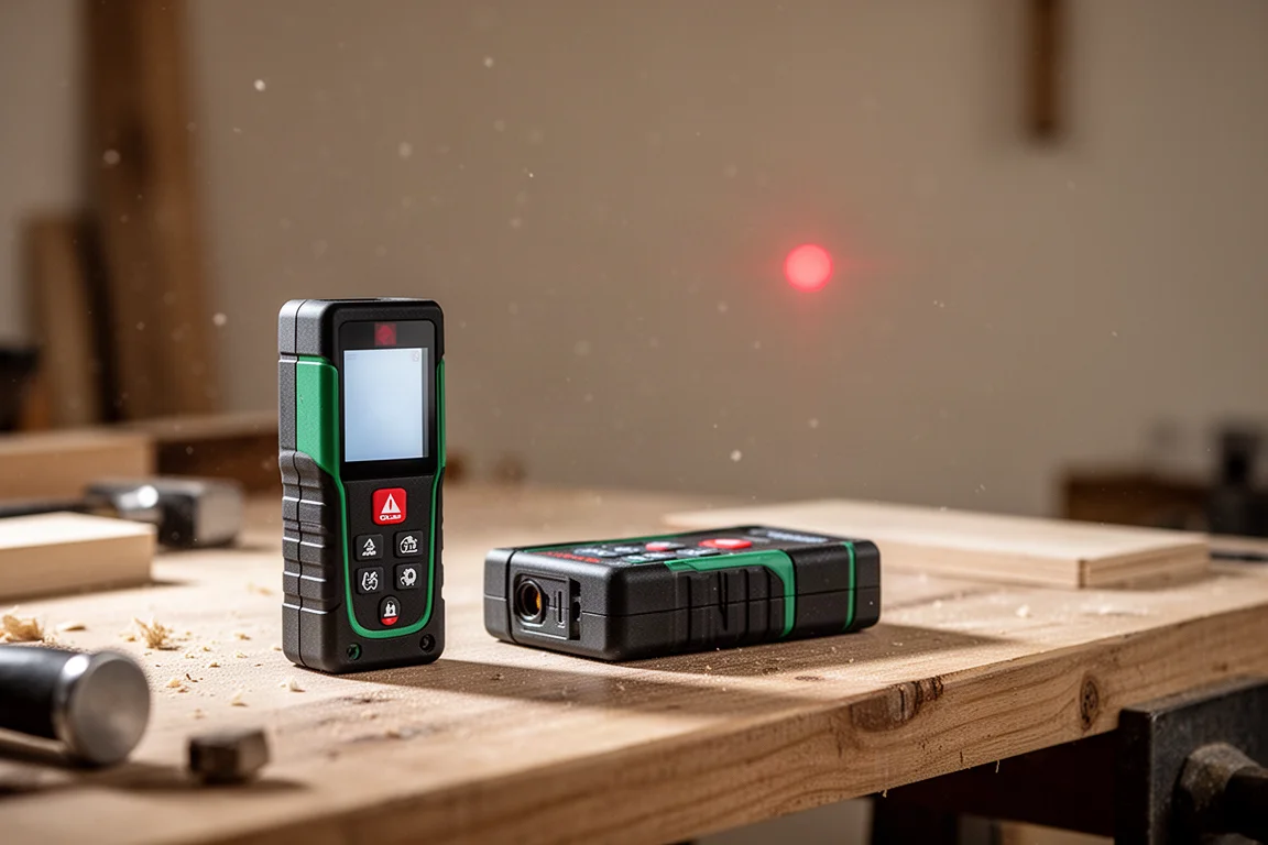 Close de um medidor a laser projetando um fino ponto vermelho em uma parede do outro lado da oficina