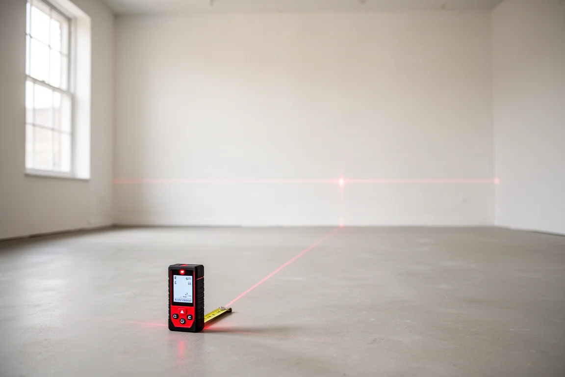 Pessoa medindo um cômodo grande e vazio com uma ferramenta a laser, espaço largo demais para uma trena