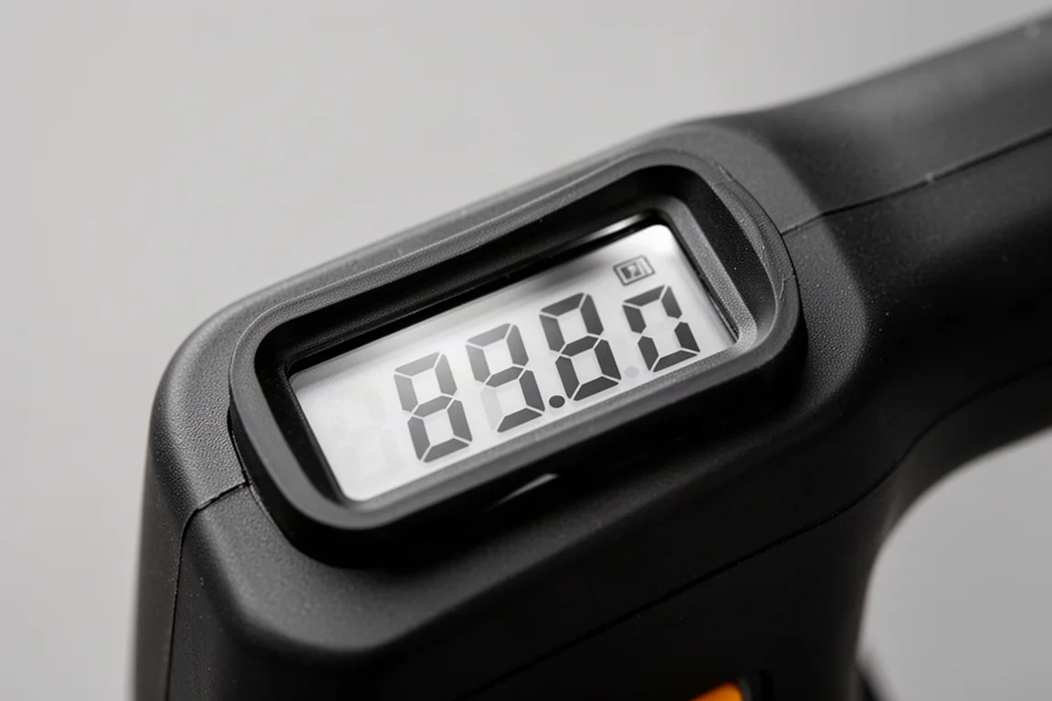Close de uma pequena tela LCD em uma trena exibindo a leitura de uma medição