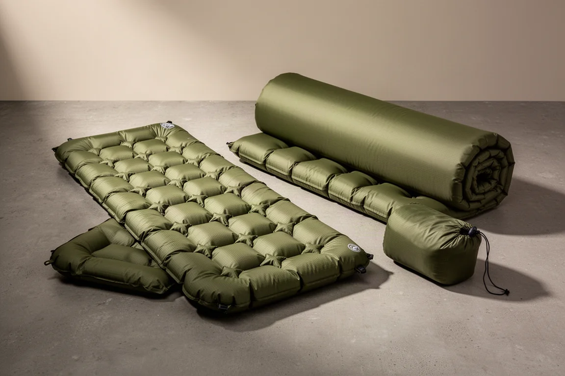 Two olive green inflatable sleeping pads, one flat and one partially rolled, on a concrete surface