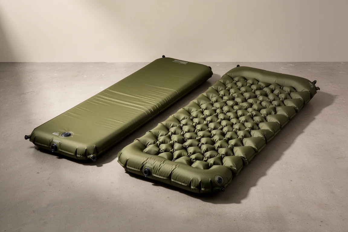 Olive green single and double inflatable sleeping pads side by side on concrete