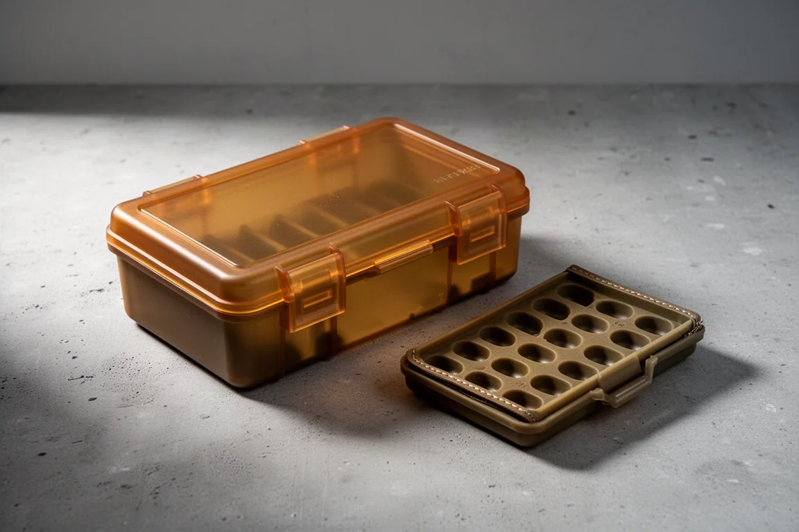 Two molded plastic ammo-style storage cases on a concrete workshop surface