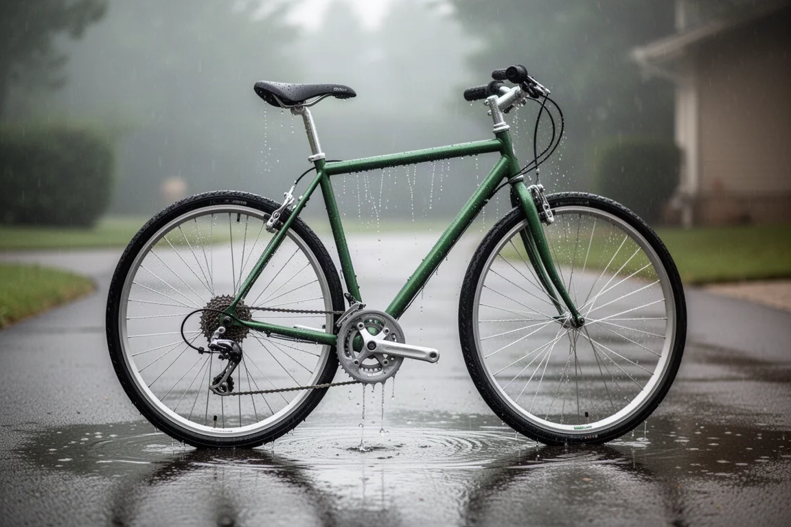 Bicicletta appena lavata che gocciola su un vialetto con luce coperta