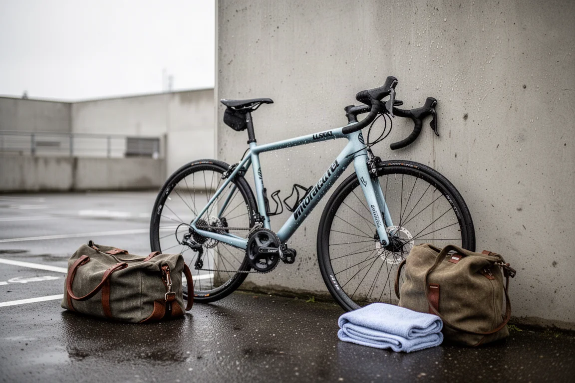 Bici da strada bagnata appoggiata a un muro di cemento con una borsa a terra