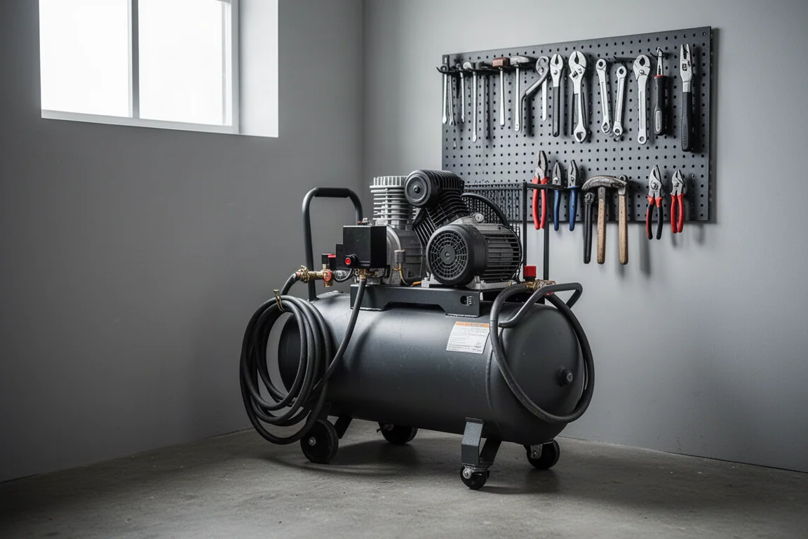 Compressore industriale con tubo avvolto in un angolo ordinato dell'officina