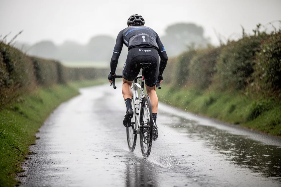 Ciclista de carretera pedaleando bajo la lluvia con salpicaduras levantándose de la rueda trasera