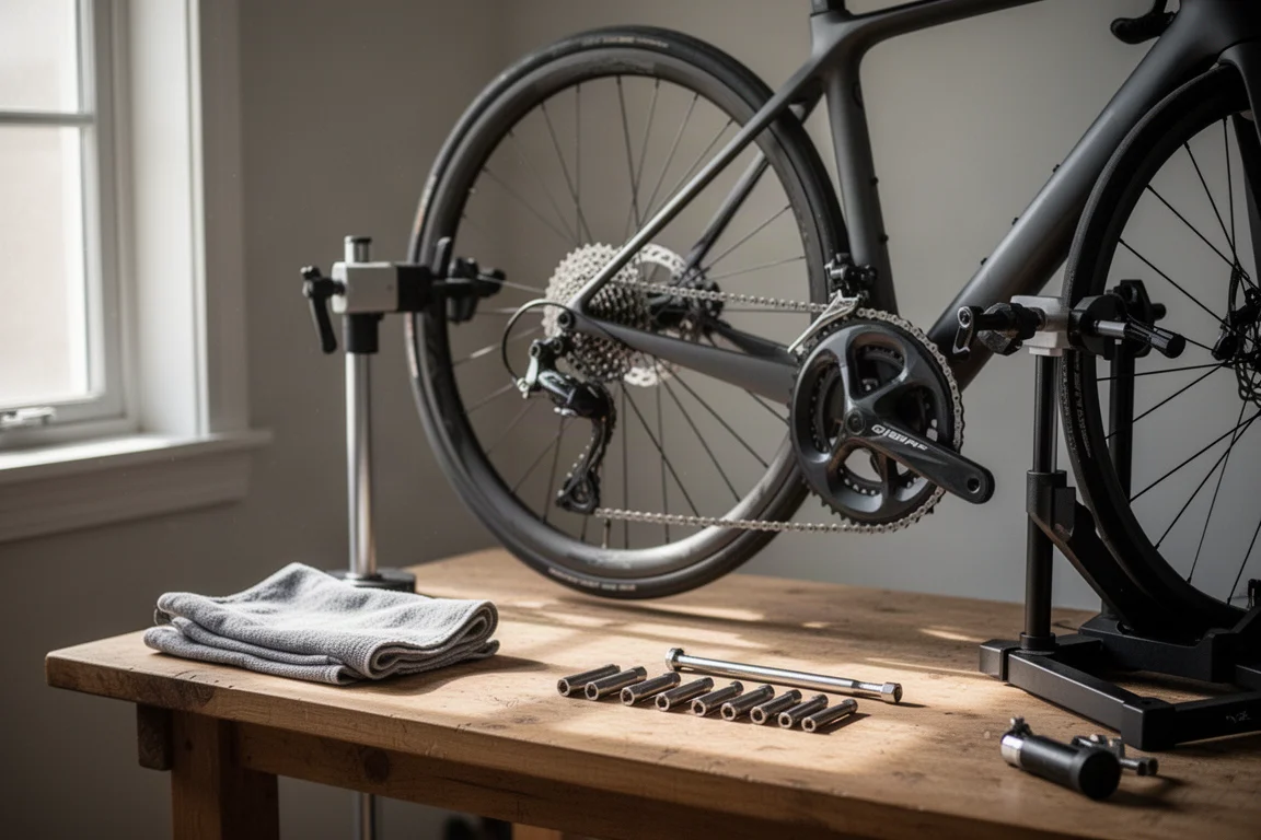 Rincón de taller doméstico con una bicicleta en un soporte de reparación y herramientas de mantenimiento