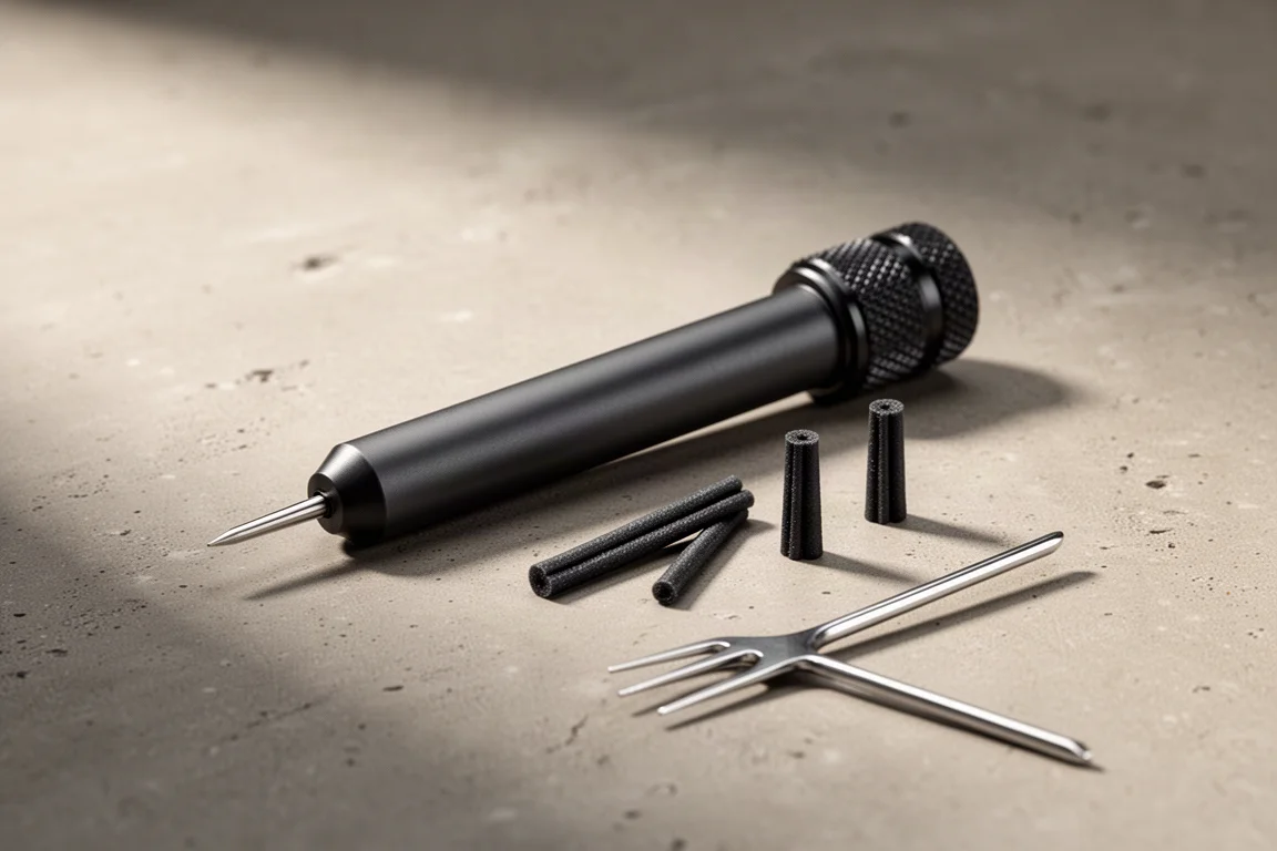 Herramienta de reparación tubeless de Muc-Off con tres tiras de tapón sobre una superficie de hormigón
