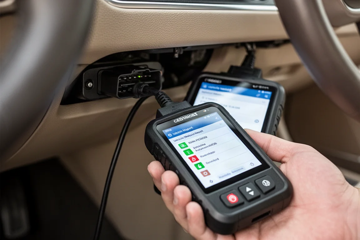 手持緊湊型 OBD2 掃描工具,連接至儀表板下方的車輛診斷埠