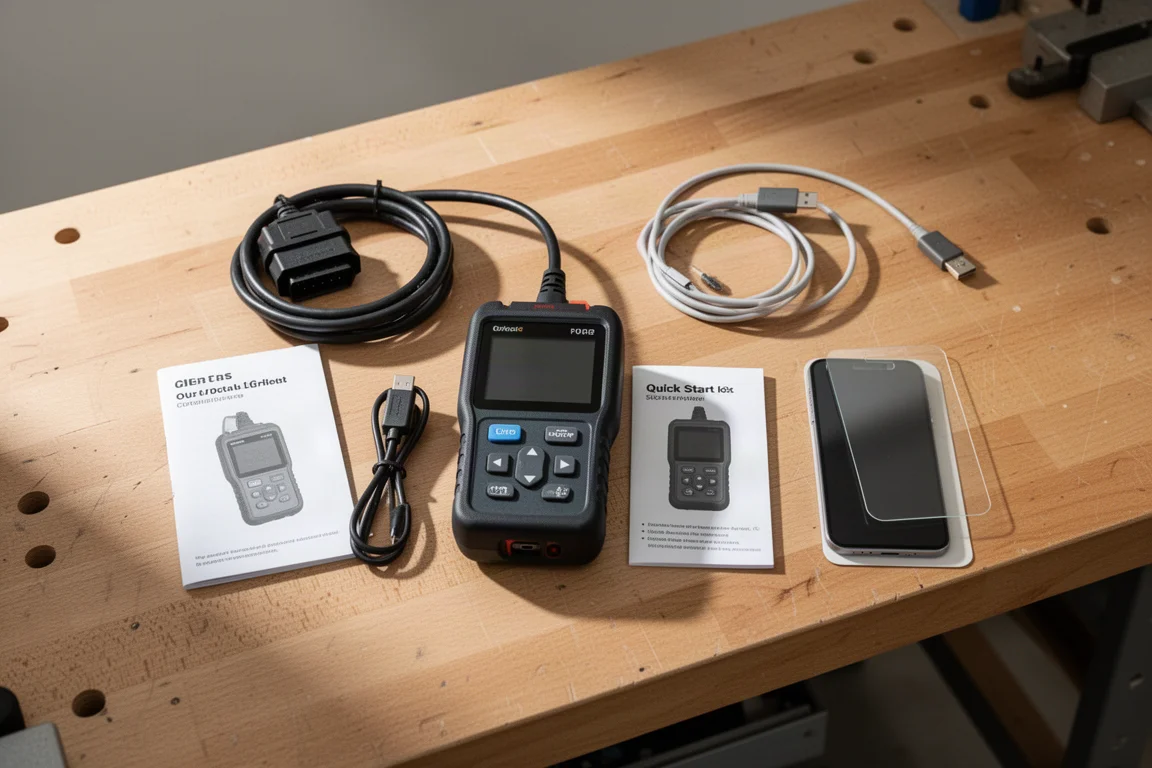 掃描工具與 OBD 線材及配件陳列在工作台上