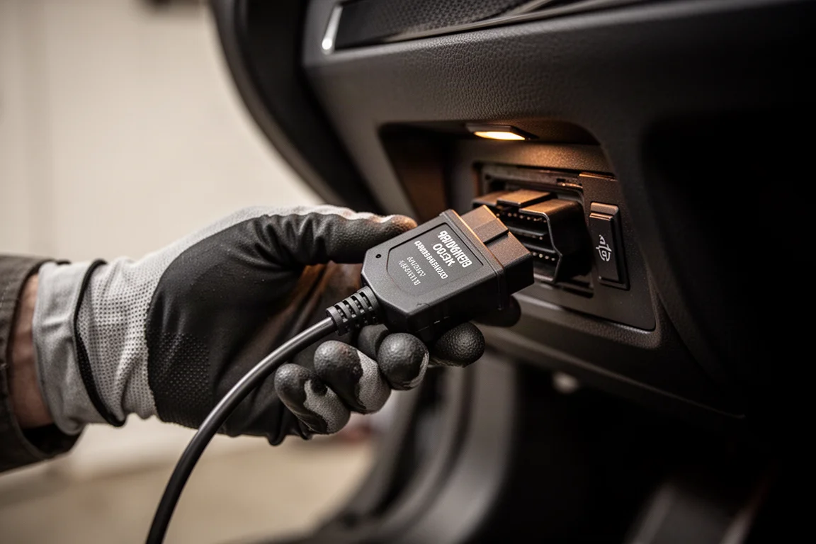 Mecánico conectando un conector OBD2 al puerto de diagnóstico de un vehículo