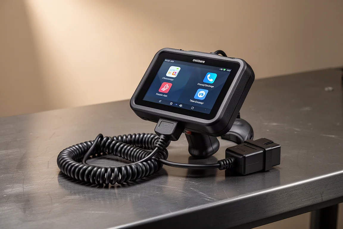Handheld OBD2 diagnostic scanner with touchscreen and coiled cable on a workbench