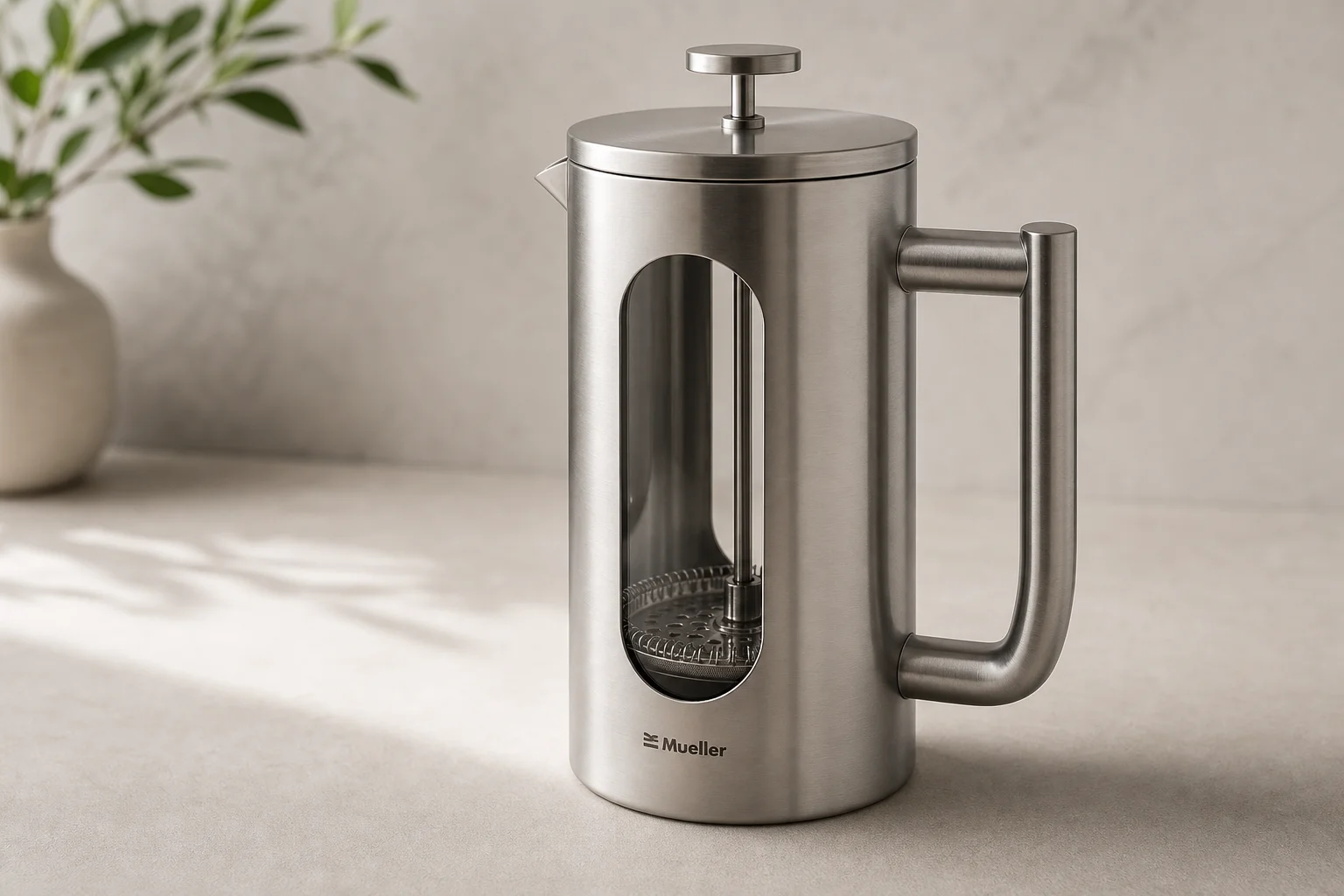 Five French press coffee makers arranged on concrete: Bodum Chambord, AeroPress Original, Mueller, Cafe Du Chateau, and AeroPress Clear