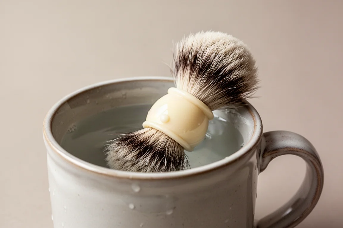 Brocha de afeitar de tejón con un nudo corto en una taza de agua