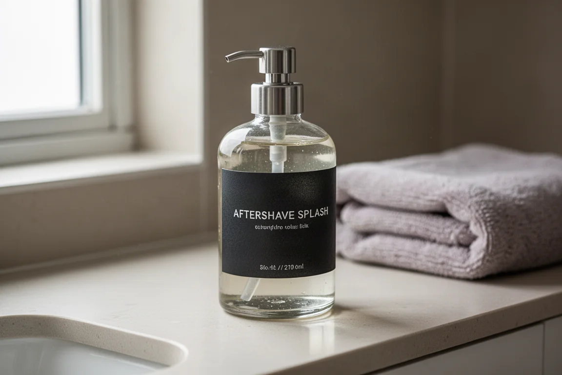 Frasco de splash aftershave con una etiqueta oscura sobre un mostrador de baño