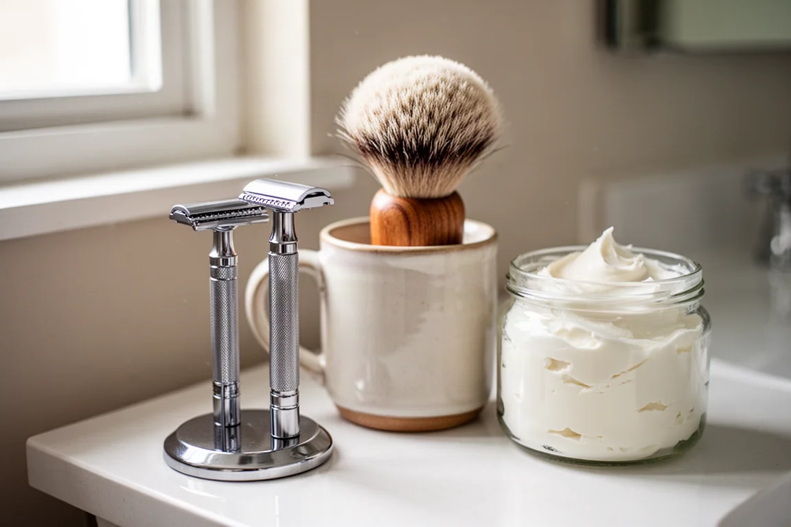 Traditionelles Nassrasur-Setup mit Sicherheitsrasierer, Dachshaarbürste und Rasiercreme-Glas auf einer Ablage