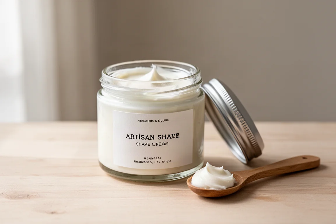 Glasgefäß mit Kunsthandwerks-Rasiercreme und etwas Creme auf einem Holzlöffel