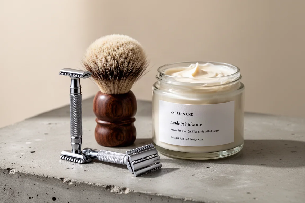 Installation de rasage humide traditionnel avec rasoir de sûreté, brosse en poil de blaireau et pot de crème de rasage