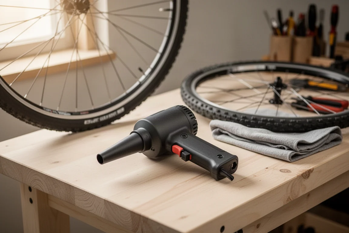 Handgehaltener Luftbläser auf einer Werkbank neben einem Fahrradlaufrad