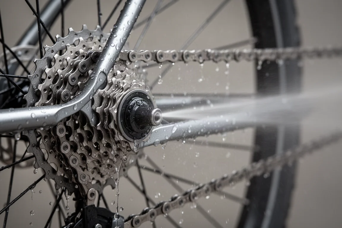 Wassertropfen werden von Fahrradkette und Kassette geblasen