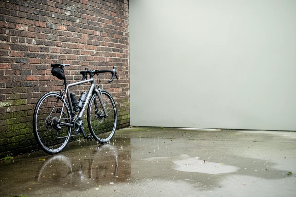 Fahrrad lehnt nach dem Waschen an einer Wand in einer nassen Einfahrt