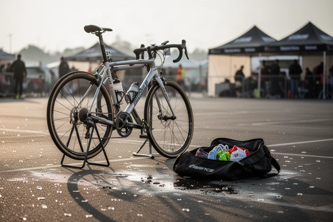 Radfahrer trocknet ein Fahrrad nach einem Rennen auf einem Parkplatz im Freien