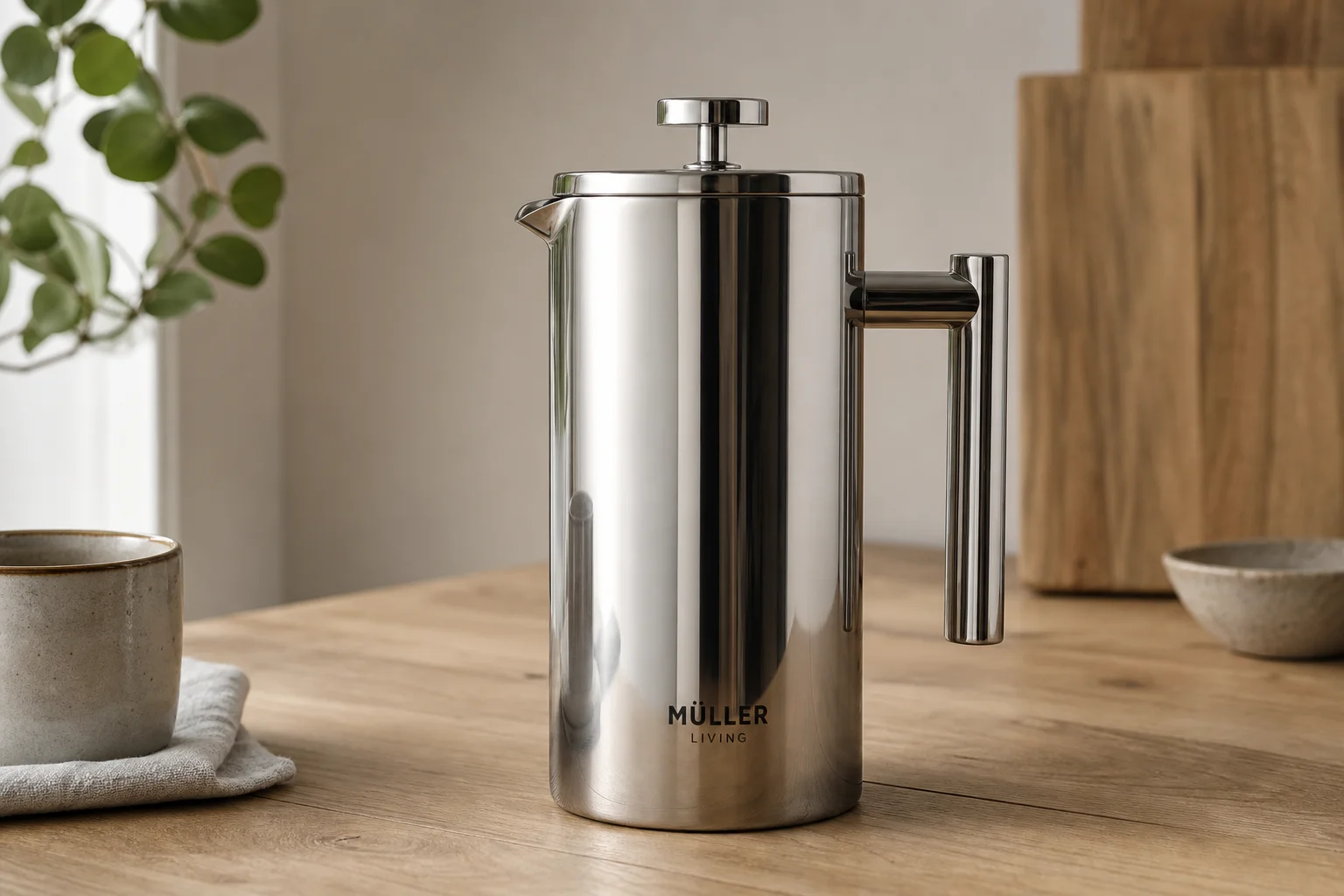 Five non-toxic French press coffee makers displayed on concrete surface
