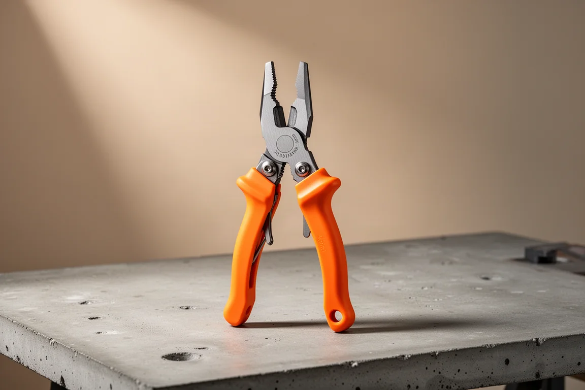 Orange-handled multi-function wire stripping pliers standing on concrete workbench