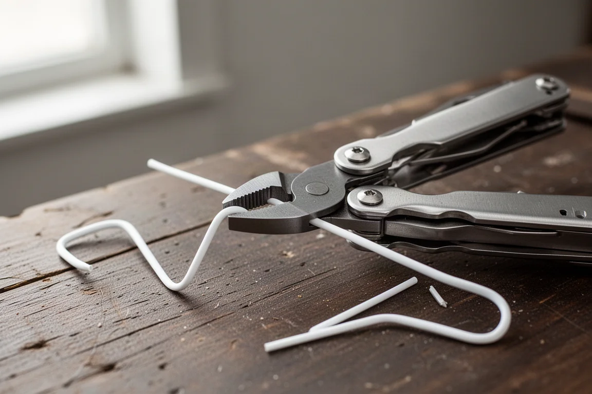 Multitool draadkniptersen die een stuk zachte kledinghangerdraad vastpakken op een werkbank