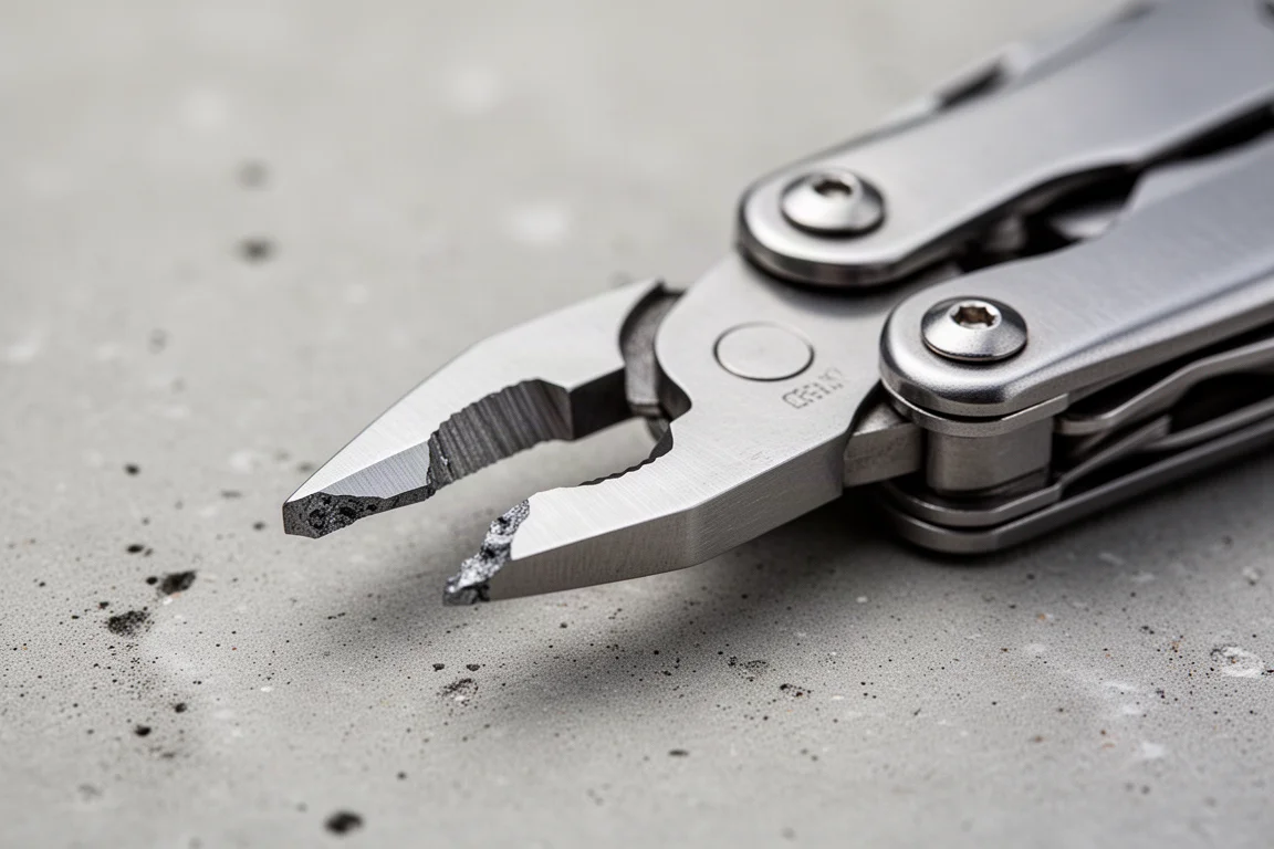 Close-up van een beschadigd knipterblad op een roestvrijstalen multitool