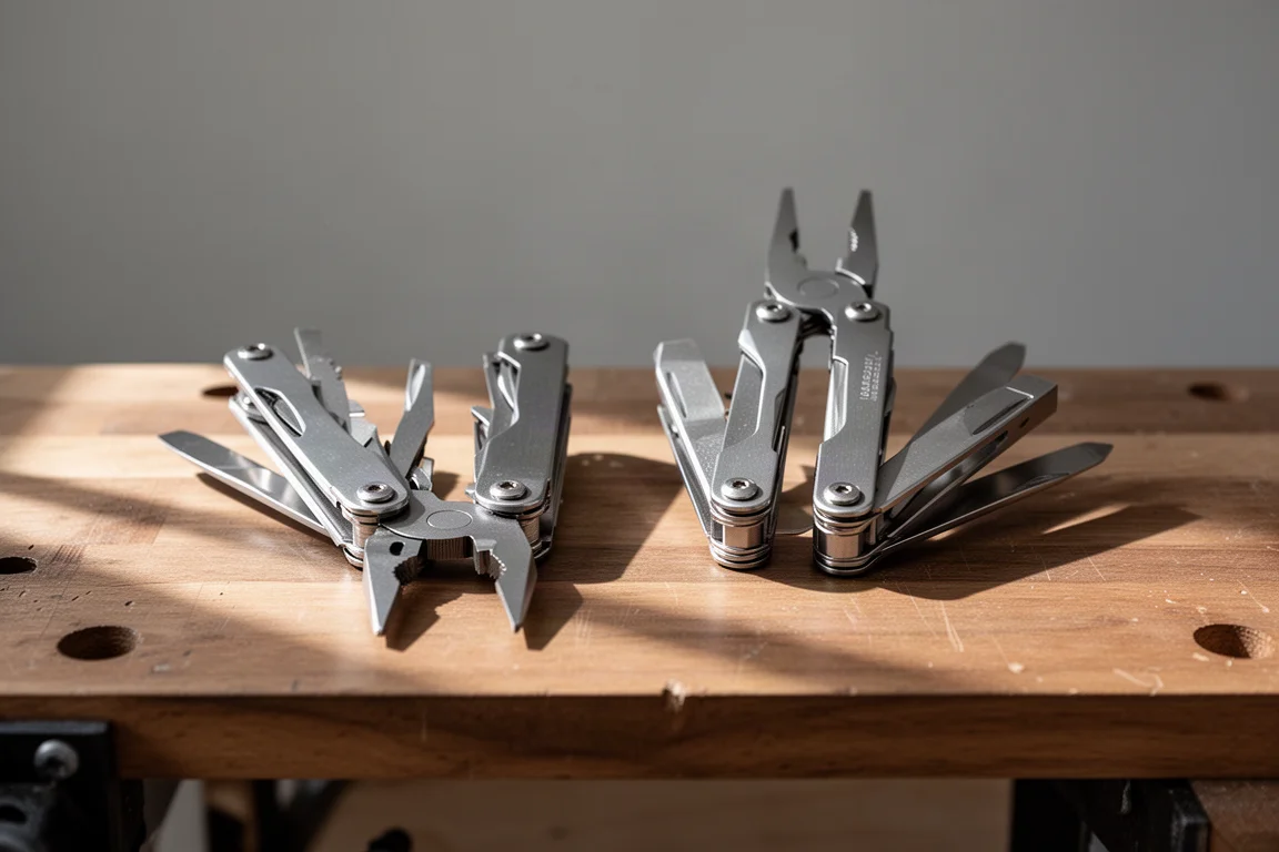 Twee open multitools naast elkaar op een houten werkbank in daglicht