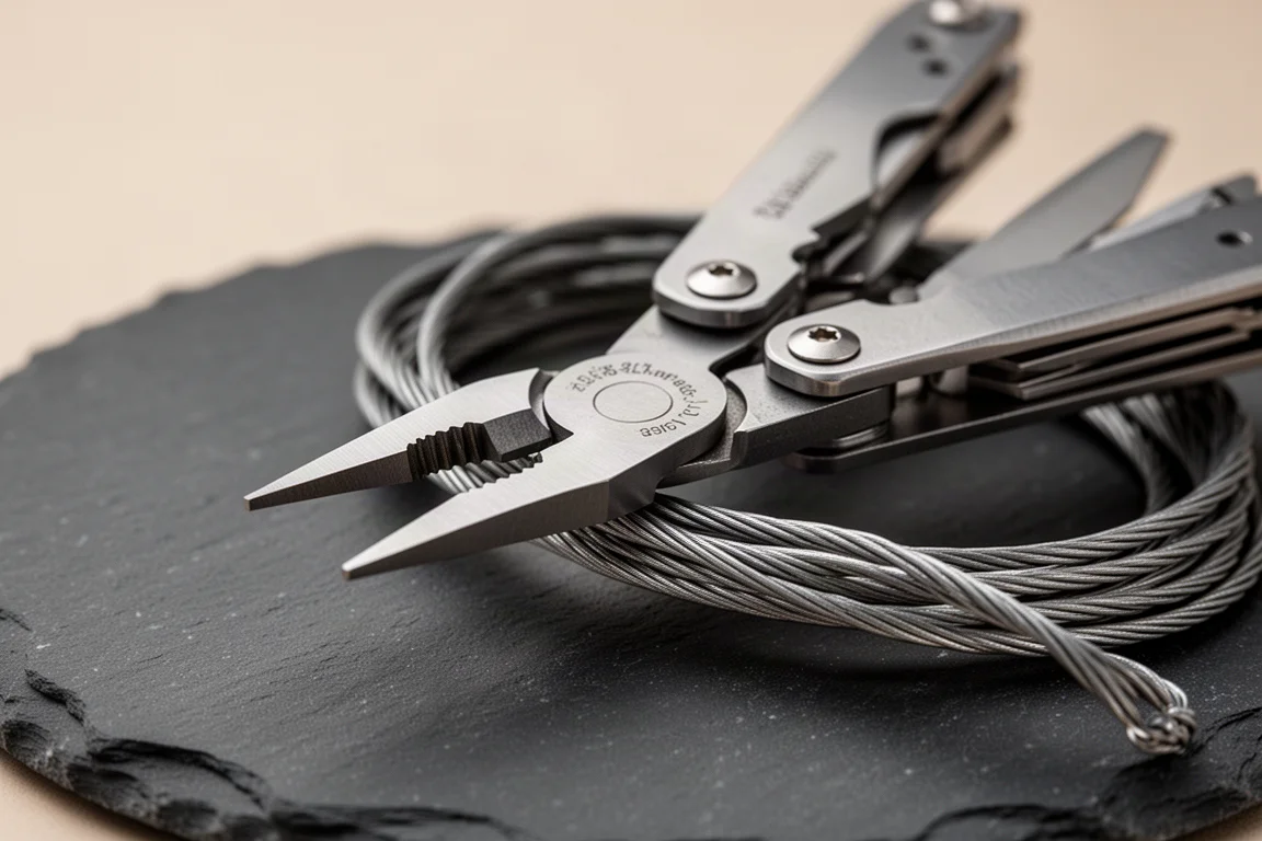 Multitool in Zwitsers legerstijl met open tang op een neutrale ondergrond