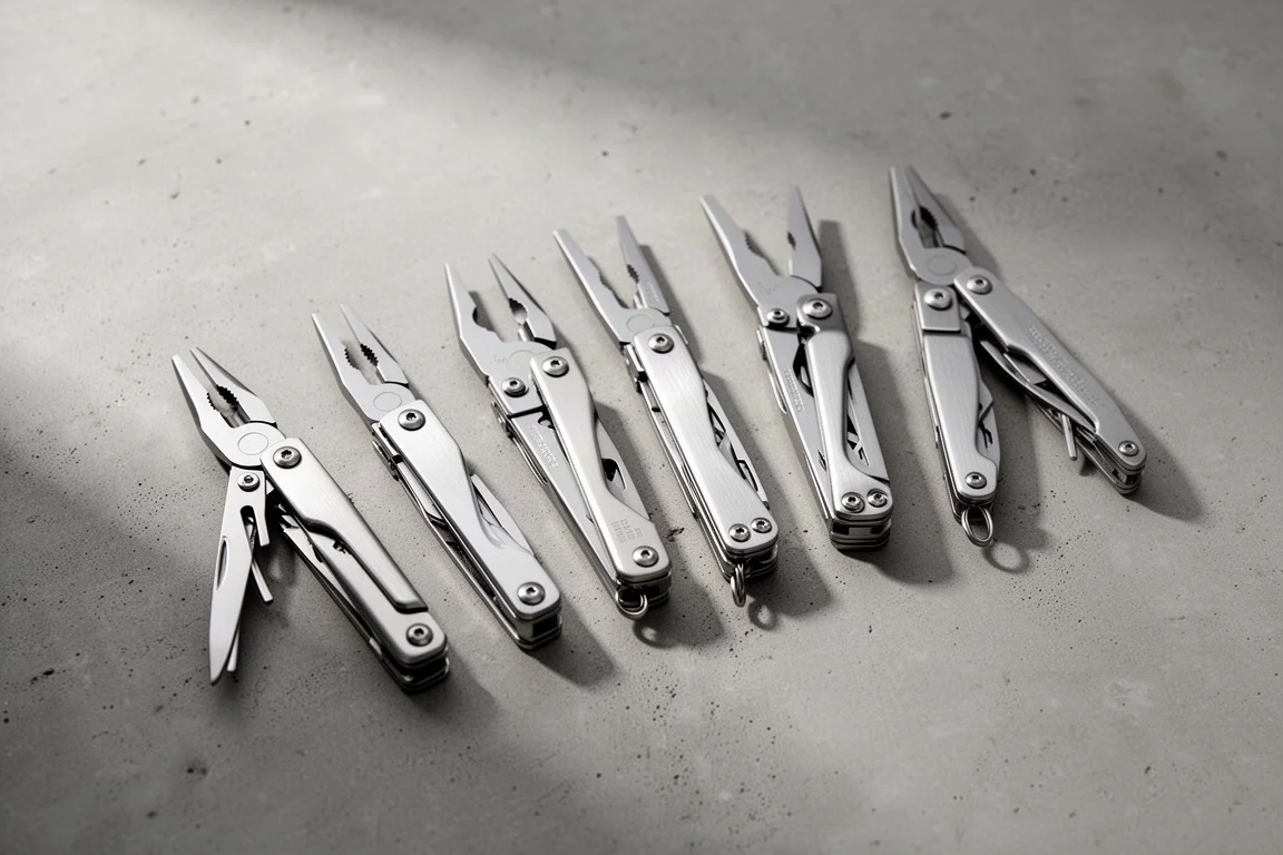 Six stainless steel multi-tools arranged in a row on a concrete surface