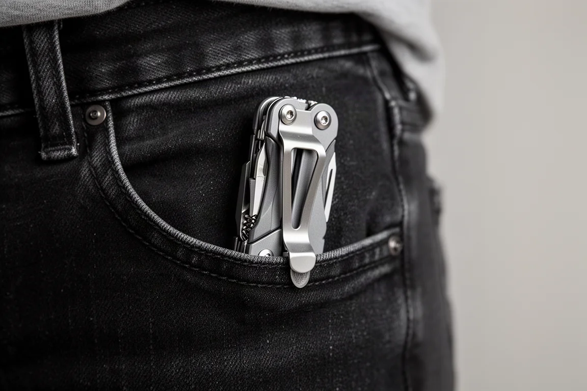 Compacte multitool met pocketclip, gedragen in een broekzak