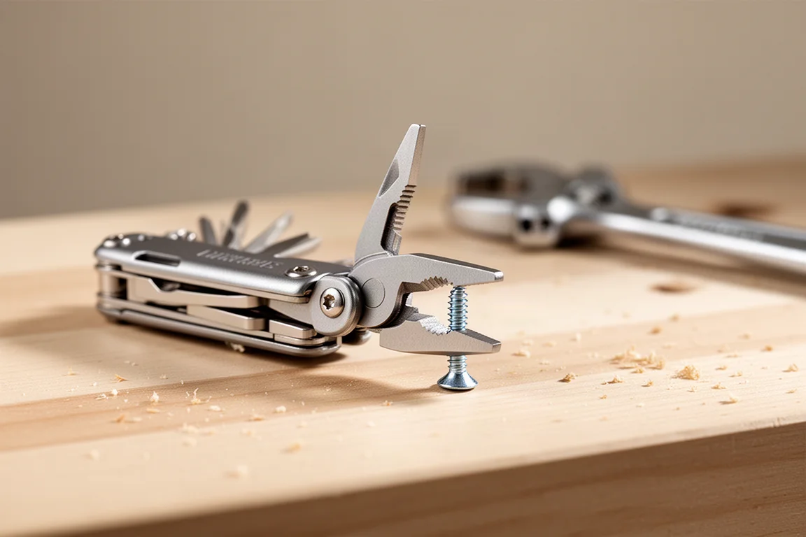 Kleine multitool met tang die een schroef vastpakt op een werkbank