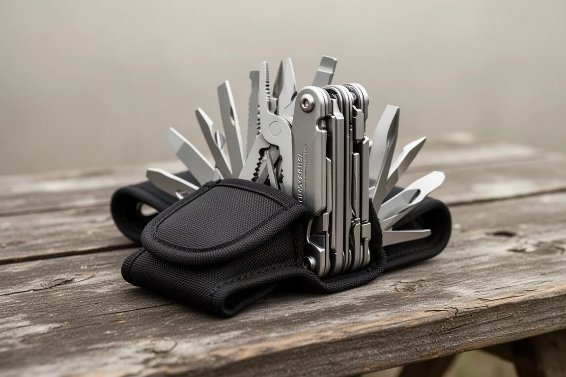 Grote multitool met alle werkdelen gesloten, rustend in een riemtasje