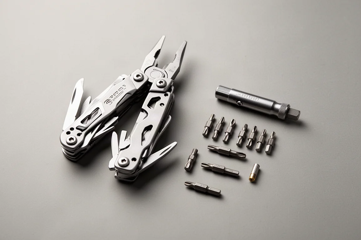 Gespecialiseerde multitool met verwijderbare bitset, uitgestald op een tafel