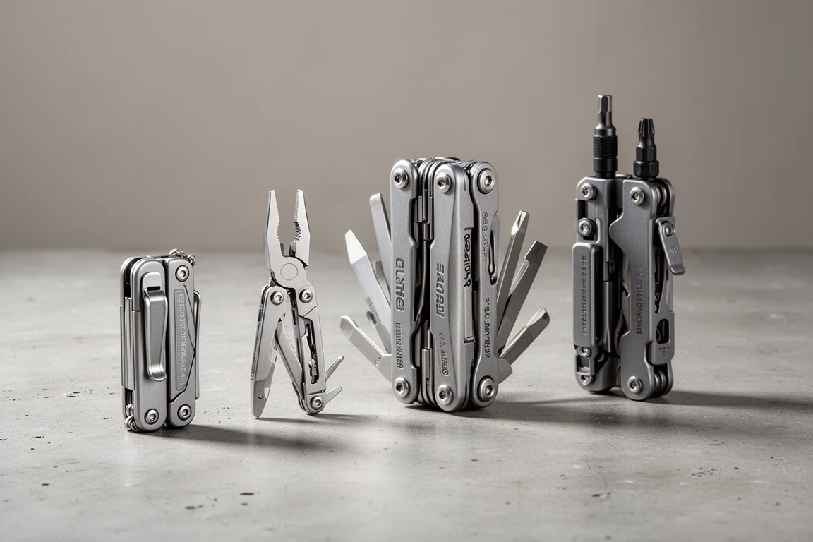 Four multitools of different sizes arranged on a concrete surface