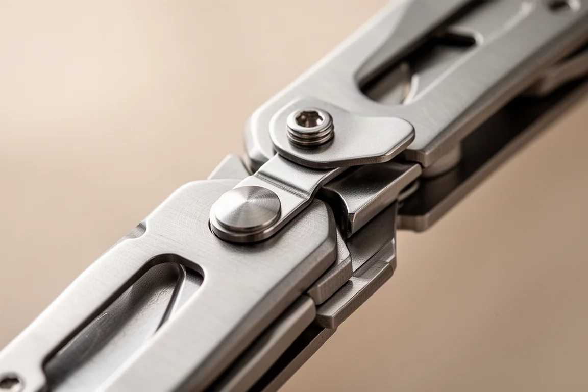 Närbild på ett delvis utfällt fällknivsblad på en multitool med synlig liner lock-mekanism