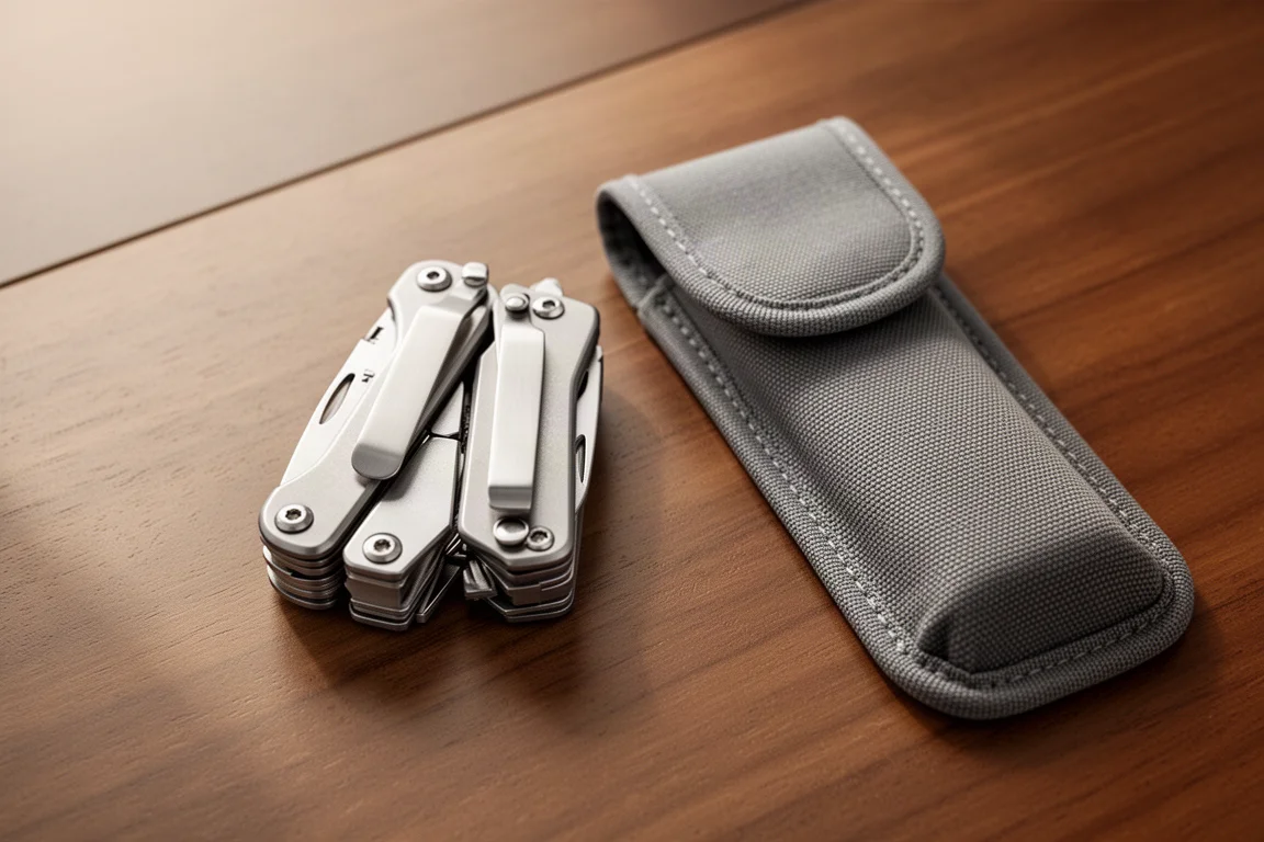 Kompakt multitool med fickklippa liggande på ett träskrivbord bredvid ett hopfällt tygfodral