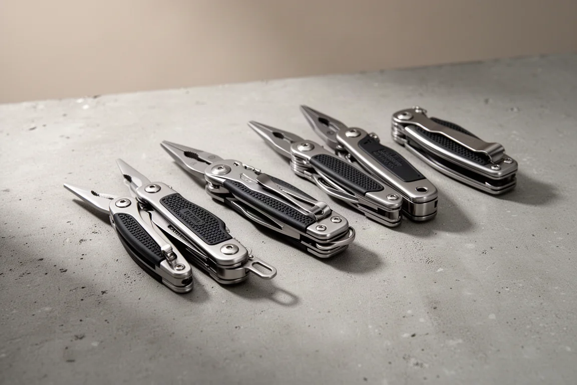 Row of folding multitools from Gerber and Leatherman on a concrete surface