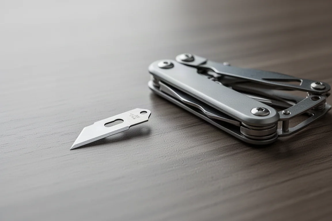 Removable scalpel blade being held next to a compact multi-tool on a wooden desk