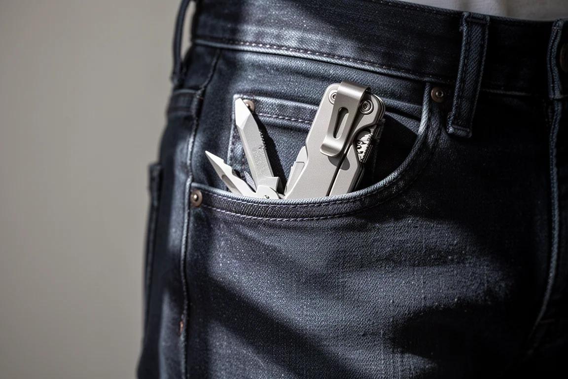 Multi-tool clipped inside a pocket with a folding clip visible