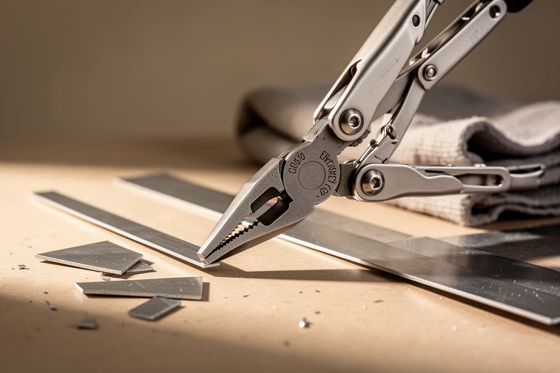 Multi-tool pliers gripping a thin sheet of metal on a workbench